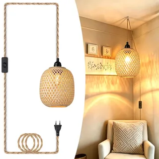 Hängelampe Lampenschirm mit Stecker, Außen Innen Tragbare Boho Korb Lampenschirm, Rattan Hängelampen Bambus Deko Deckenleuchte, Hängeleuchte Deckenlampe Esstisch 4,5M Kabel Pendelleuchte für Garten