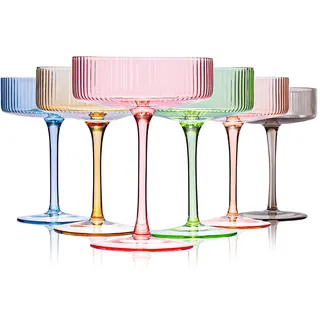 Farbige Coupé-Gläser, Vintage-Stil, Art-Deco, bunt, 266 ml, gerippte Martini-Cocktailgläser, farbiges Coupe, Cocktailgläser-Set für Espresso, Martini, Champagner, Cocktail, 6 Stück