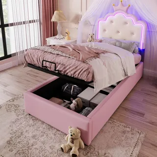 FAVSH Polsterbett 90x200 cm, Kinderbett für Mädchen Kronen-Einzelbett mit LED-Streifen,Hydraulischer Stauraum, Bettgestell für Mädchen, PU, Ohne Matratze,Rosa