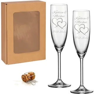 laser-diele 2 Leonardo Sektgläser mit Gravur - Geschenk zur Hochzeit - Graviert mit Namen und Datum - Sekt Zwei Herzen