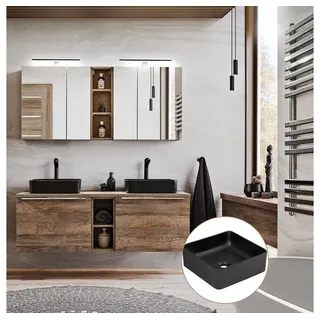 Lomadox Badmöbel-Set PUEBLA-56, (Spar-Set, 2-St), Eiche Doppelwaschtisch Waschbecken LED-Spiegelschränke 140,4/200/46 cm braun