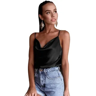 OKGD Riemchen-Camisole mit Wasserfallausschnitt für Damen, einfarbig, Spaghettiträger, Satin- Oberteil, Schwarz, für M