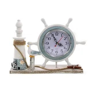 ELLUG Maritime Standuhr als Steuerrad aus Holz mit Uhr auf maritimen Podest zum Aufstellen, 21 * 28cm, Vintage Stehdekoration für Badezimmer Schlafzimmer Küche