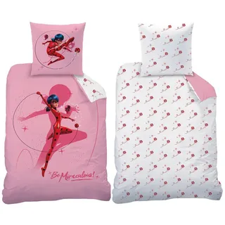 BERONAGE Kinderbettwäsche Miraculous Ladybug Shadow Bettwäsche Biber / Flanell, 100% Baumwolle, 2 teilig, 135x200 + 80x80 cm rosa
