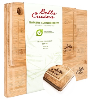 Bella Cucina© Bambus Schneidebrett 2er Set mit Saftrille | Massive Küchenbretter aus Holz als Einzel- und 2er Set | Inklusive Saftrille und Loch zum Aufhängen (2er Set)