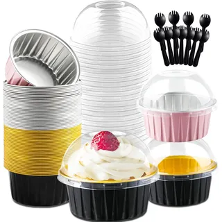 Jogoico Mini Kuchenform mit Deckel Löffel 60 Stk. Mini Kastenform Kuchen | Aluminiumfolie Muffinförmchen 150ml Runde Backformen Aluminium Cupcake Formen für Brot Kuchen Käsekuchen Dessert 2 Farbe