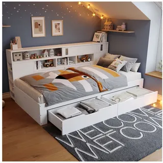 Merax Daybett (Holz Tagesbett Schlafsofa Jugendbett, 1 tlg), Einzelbett Kinderbett 140x200cm mit Schubladen, Bücherregal & Stauraum weiß 169.5 cm x 204.5 cm x 85 cm