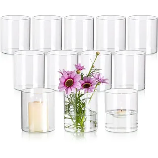 Glasseam Glaszylinder Kleine Vasen für Tischdeko, 12er Klar Blumenvase Set | Zylinder Kerzenhalter, Vasen Glas, Modern Glasvasen, Tischvase für Wohnzimmer, Hochzeitdeko, Party, Home, 10 x 8,5 cm