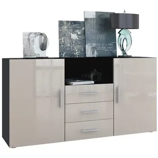 Vladon Sideboard Skadu (Kommode, mit 2 Türen, 3 Schubladen und 1 offenem Fach), Schwarz matt/Sandgrau Hochglanz (138,5 x 71,5 x 35 cm) grau