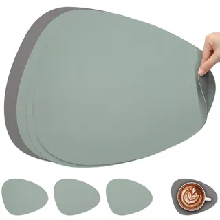 Myir JUN Tischsets Leder und Untersetzer, Tischsets Abwaschbar Rund Doppelseitigen rutschfest Platzdeckchen Leder Kunstleder Tischset Lederoptik Platzset (Grau Salbeigrün, Satz von 4)