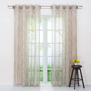 Delien Voile Gardine mit Branch Muster transparente Gardinen mit Ösen Wohnzimmer Gardinenschals 145x140cm Taupe, 1 St.