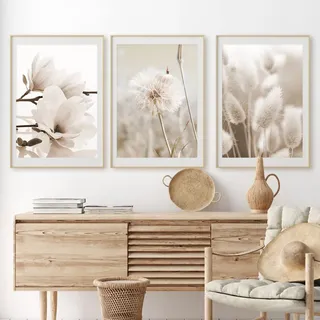 Sarah Duke Beige Wandbilder 3er Poster Set Moderne Wandbilder Boho Pampasgras Bild Wohnzimmer Poster Natur Vintage Leinwandbilder Wandposter Ohne Rahmen (Stil B,40x50 cm)