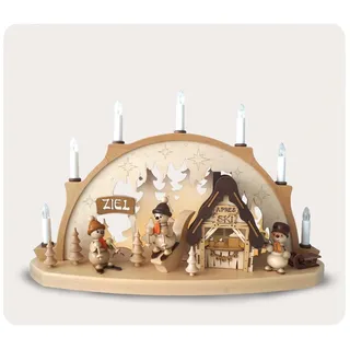 Rudolphs Schatzkiste Schwibbogen Schneemänner beim Apres Ski mit elektrischer Beleuchtung BxHxT 53x33x14cm NEU Lichterbogen Fensterbogen Spitzbogen Erzgebirge Weihnachten Bergbau Bergmann Licht Holz