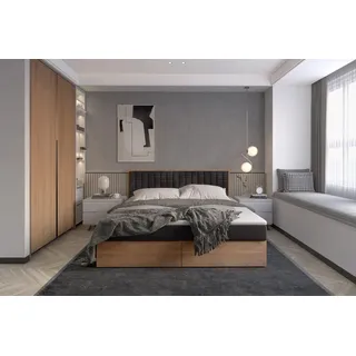 Funktionsbett 200x200 cm mit Stauraum – Polsterbett mit Bettkasten – Holzbett mit Kopfteil – Boxbett in Eiche-Optik – Modernes Bett 200x200... - Schwarz