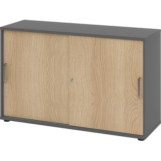 bümö Schiebetürenschrank "2OH" - Aktenschrank abschließbar, Sideboard Schrank mit Schiebetüren in Graphit/Eiche - Büroschrank aus Holz mit