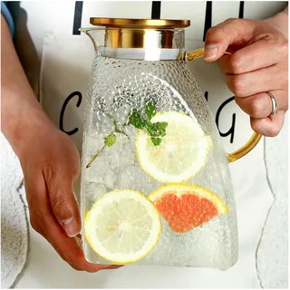 Uziqueif Glaskaraffe mit Deckel 1,5 Liter/51 Unzen, Wasserkaraffe aus Borosilikatglas mit Filter, Henkel und Edelstahl Deckel, Wasserkrug für Heiße/Kalte Getränke,Tee,Kaffee,Saftgetränk,Milch,1.5L