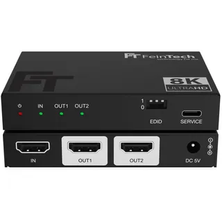FeinTech SP210 HDMI 2.1 Splitter 4K 120Hz 8K VRR ALLM, Verteiler mit Downscaler für 2 Monitore gleichzeitig, CEC-Pass, kompatibel zu HDCP 2.3, HDR, Dolby Vision