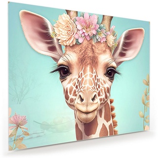 Primedeco Glasbild Wandbild Boho Baby Giraffe mit Aufhängung, Kinderwelt blau