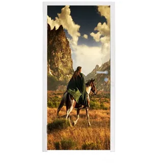 MuchoWow Türtapete Pferd - Reiter - Natur, Matt, bedruckt, (1 St), Türfolie Selbstklebend, Türtapete, Türdeko Poster, 95x235 cm bunt 95 m x 235 m