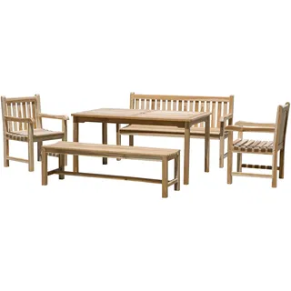 Möbilia Sitzgruppe 2 x Armlehnstühle + 2 x Bänke + 1 Tisch Teak natur