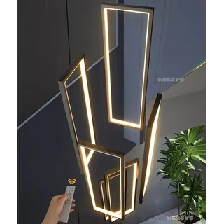 WERSVG LED Schwarz Pendelleuchte Treppenhaus Lang Geometrie Hängeleuchte Dimmbar mit Fernbedienung Modern Treppen Pendellampe Höhenverstellbar, für Villa Foyer Treppenhaus Wohnzimmer 6 Flammig,185W