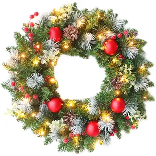 Türkranz Weihnachten Beleuchtet Batterie, Weihnachtskranz Haustür Led, Weihnachtstürkranz Außen Mit Beleuchtung, Weihnachtsdeko Amerikanisch Tür Lichterkranz Künstlich Edel Rote Beeren Kugeln (20CM)