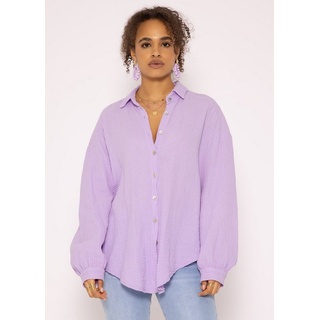 SASSYCLASSY Longbluse Oversize Musselin Bluse Damen Langarm Hemdbluse lang aus Baumwolle mit V-Ausschnitt, One Size (Gr. 36-48) lila