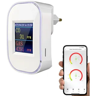 WLAN Kohlenmonoxid- und Gasmelder mit Stecker, Gasmelder Haus mit App-Steuerung, Kohlenmonoxid Melder mit LED-Display, EN50291 & EN50194 Zertifiziert, CO Melder für Erdgas LPG Propan Butan