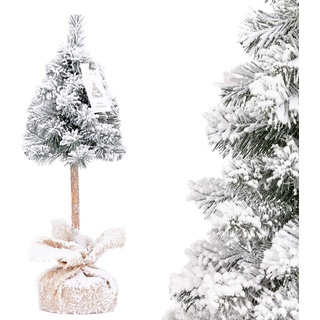 FairyTrees künstlicher Weihnachtsbaum Premium, Mini Weihnachtsbaum Fichte Naturstamm mit Schneeflocken, Standfuß im Jutesack, 50cm, FT43-50