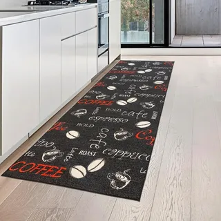 Teppich-Traum Küchenläufer Küchenteppich Coffee Schwarz Weiß Rot 80x200 cm
