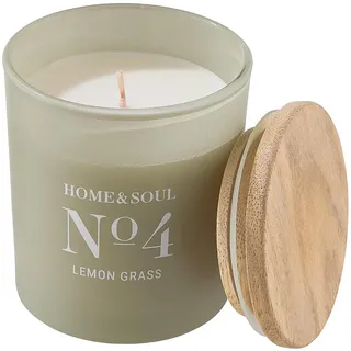 BUTLERS Duftkerze im Glas mit Holzdeckel -Lemon Grass No. 4 Home & Soul- Natürliche Sojawachs-Kerze 35 Std. Brenndauer | Aromakerzen & Aromatherapie-Duft für den Winter
