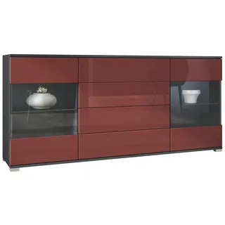 Vladon Sideboard Bari V2 (Kommode mit 2 Türen, 4 Schubladen und 2 flexible Glaseinlegeböden), Anthrazit matt/Bordeaux Hochglanz (166,5 x 75,5 x 35) rot