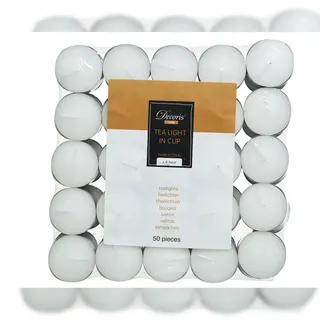 Decoris 50 Teelichter 39mm x 1,9cm Wachskerzen 6 Std. Brenndauer Teelichtkerzen kleine Tischkerzen Gastrokerzen für Hochzeit Weihnachten