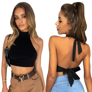 Neckholder Top Damen Ärmellose Tops Rückenfreies Tank Top Slim Fit Shirts Cami Top Sexy Crop Top Elegant Stil Strassenmode Sommer Oberteile - S