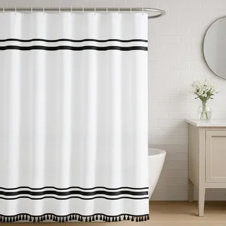 Seasonwood Schwarz-weißer Duschvorhang, Bauernhaus-Duschvorhang, gestreifte Duschvorhänge für Badezimmer-Sets, Boho-Duschvorhänge mit Quasten, Moderne Badezimmervorhänge, Dekoration, wasserdichter