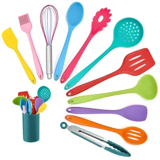 Homikit Küchenhelfer Set, 12 teilig Silikon Kochutensilien Kochgeschirr, Hitzebeständiger Kochbesteck Set mit Utensilienhalter, Gesund & Antihaft, Spülmaschinengeeignet