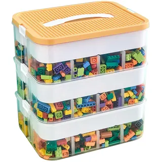 Aufbewahrungsboxen für Lego Bausteine Box mit Deckel Stapelbare Steine Sortierboxen Spielzeug Kleinteile Kiste Bausteine Box Behälter Transparent Organizer für Kinder Spielzeugkiste (Gelb, 3 Schicht)