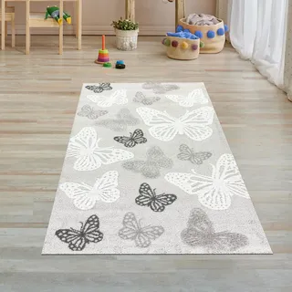 Teppich-Traum Teppich Kinderteppich flauschig Höheneffekt hell dunkel Schmetterlinge Creme weiß, 80 x 150 cm