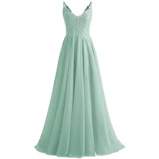 Beyonddress Damen V-Ausschnitt Abendkleider Elegant Chiffon Ballkleid Spitzen Applikationen Brautjungfernkleider Abschlussballkleid(Minze,48) - 48