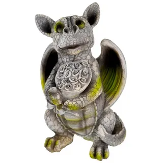 Kremers Schatzkiste Gartenfigur Süsser Drache mit Blumenstrauss 25cm Dekoration Deko für den Garten Drachenfigur Vaklentinstag Geschenk