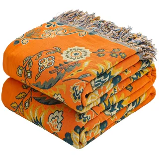 VANJOROY Boho-Überwurfdecke, 100% Baumwoll-Musselin, atmungsaktiv, weich, Bettüberwurf, florales Bauernhausmuster, Decke für Sofa, Couch, Stuhl und Geschenk. 152,4 x 203,2 cm, Orange