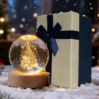 Weihnachtsdeko 3D Kristallkugel mit LED-Licht, Schneekugel Nachtlicht Weihnachten deko mit Holzsockel, USB Lasergeätzte Kugel Lampe, Weihnachts Glaskugel Deko für Zuhause Geschenk (B x 6 cm)