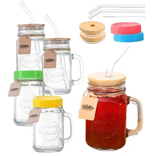 Smiths Mason Jars 4er-Set Bubble Tea & Smoothie Glasbecher-Set mit Deckeln und Strohhalmen - Eiskaffeebecher zum Mitnehmen - Ideal für selbstgemachte Getränke