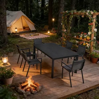 Happy Home Ausziehbares Esstisch-Set 9tlg. aus Aluminium mit Textilene-Stühlen, Dunkelgrau – Perfekt für Garten, Terrasse und Innenbereich - Dunkelgrau