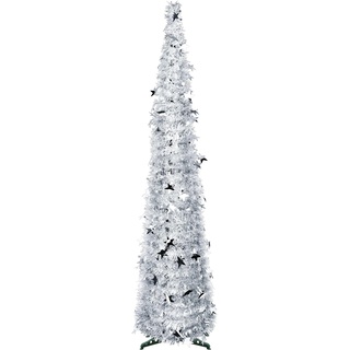 FINGOOO Faltbarer Weihnachtsbaum, 1,5 m, silberfarben, Lametta, Pop-Up-Küste, Weihnachtsbaum, für Urlaub, Weihnachtsdekoration, Heimdekoration, Bürodekoration