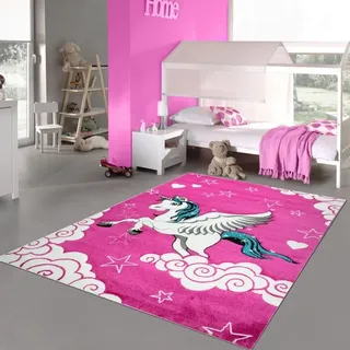 Kinderteppich Spielteppich Kinderzimmer Teppich Einhorn Design mit Konturenschnitt Pink Creme Türkis Größe - 160 x 230 cm - Rosa