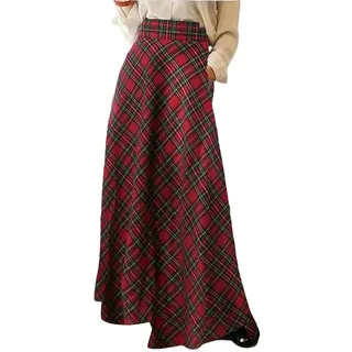 Gyios Langer Rock Damen Plus Size Vintage Plaid-röcke, Dick, Warm, Elegant, A-Linie, Rock, Lässig, Karierte Röcke-rot-XXL