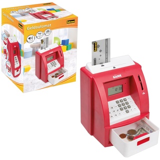 Idena 50061 - Digitale Spardose, Geld-Automat mit Sound in Rot, PIN geschützte Kredit-Karte, Münzzähler und vielen Funktionen, ca. 21,8 x 16 x 14,5 cm
