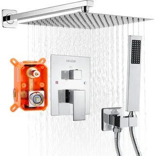 Vevor Duscharmatur Regenduschsystem fürs Badezimmer Duschsystem mit 305 mm quadratischen Regenduschkopf & Handbrause, wandmontierte Badezimmerarmaturen mit Messingventil & Zierset, Silberchrom