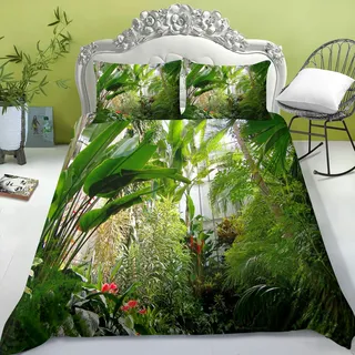 FABTOP Tropisch Dschungel Bettwäsche Set 135x200cm 3D Palmen Blätter Muster Bettbezug Grün Botanisch Pflanze Blätter Bettwäsche